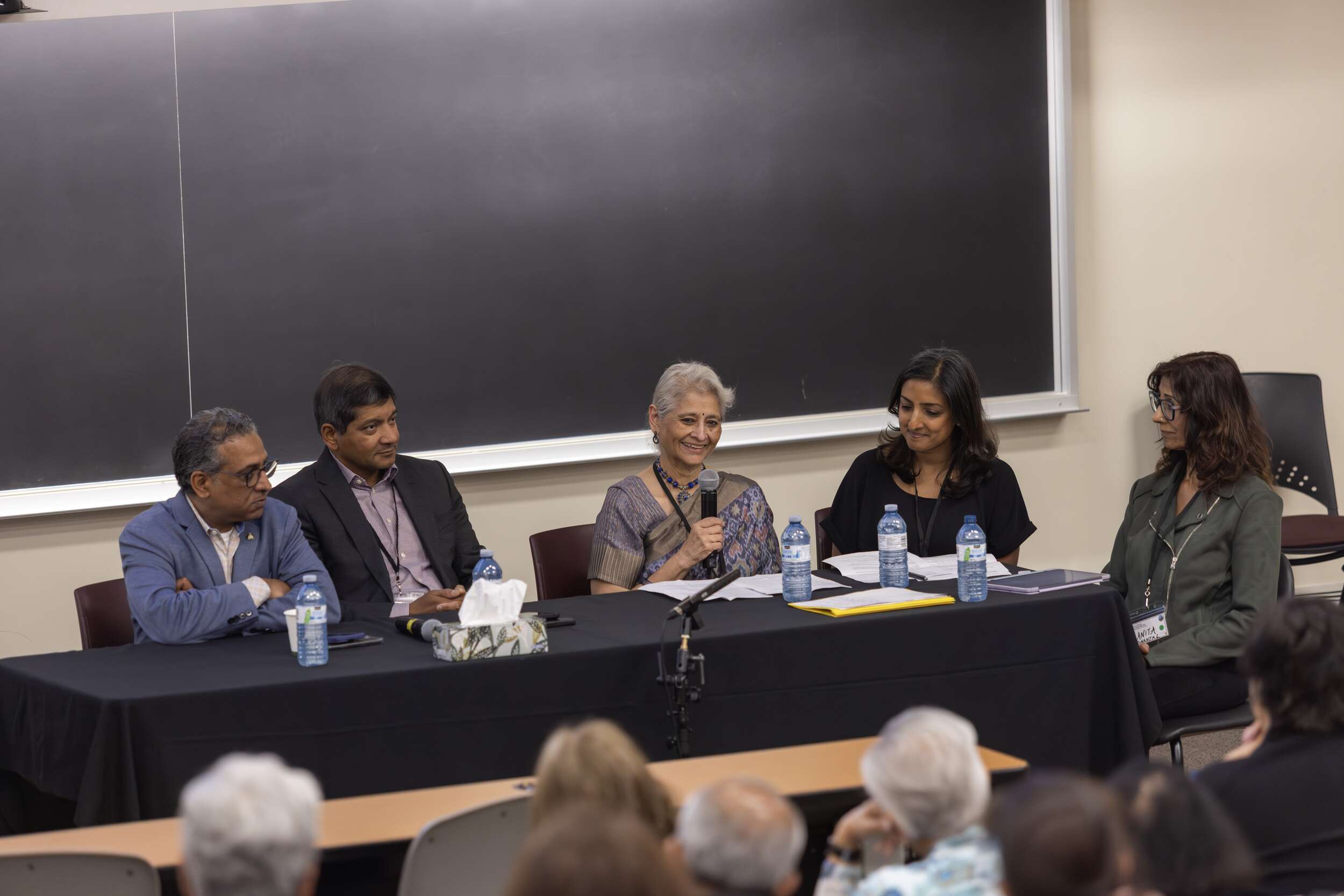 Jayashree Thampi speaks on the Air India Families Roundtable, with co-panelists (from left to right): Susheel Gupta, Deepak Khandelwal, Nisha Thampi, and Anita Dhanjal.