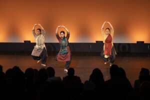 (From left to right) Atri Nundy, Purawai Vyas, and Rachana Joshi, Sampradaya Dance Creations, perform a work co-directed by Suma Suresh and Lata Pada, honoring the 40th anniversary of the Air India Flight 182 tragedy.