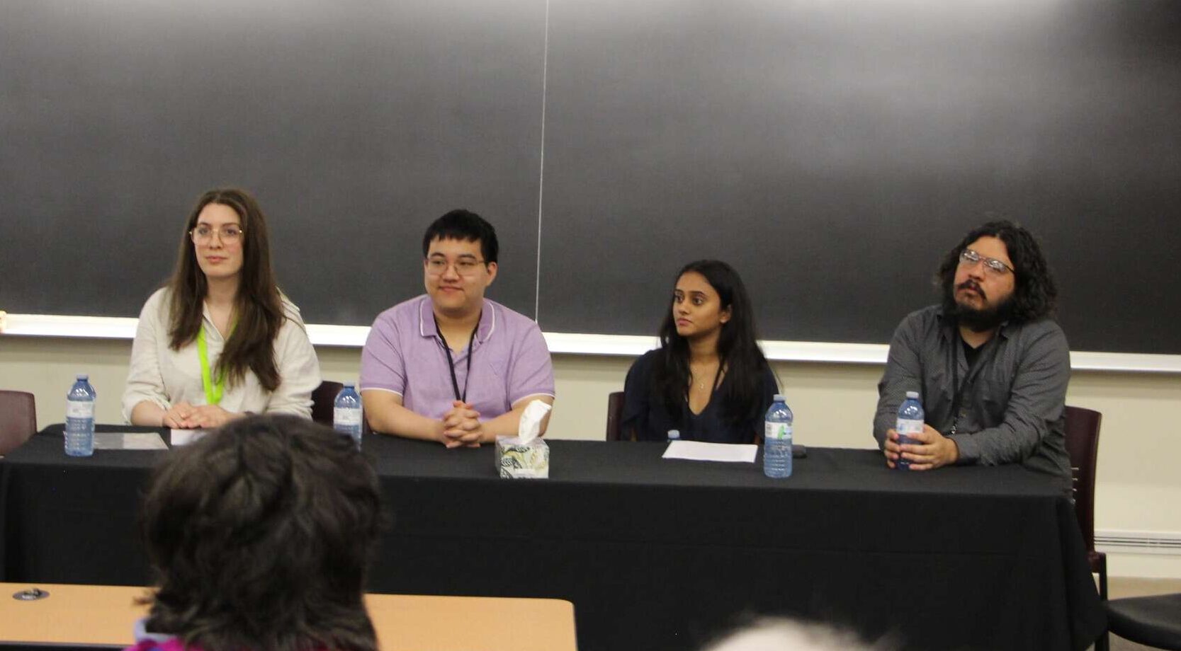From left to right: Team members Maia Lepingwell-Tardieu, Frank Wang, Jil Shah, and Dr. Alejandro Franco Briones launch the Air India Flight 182 Archive.
