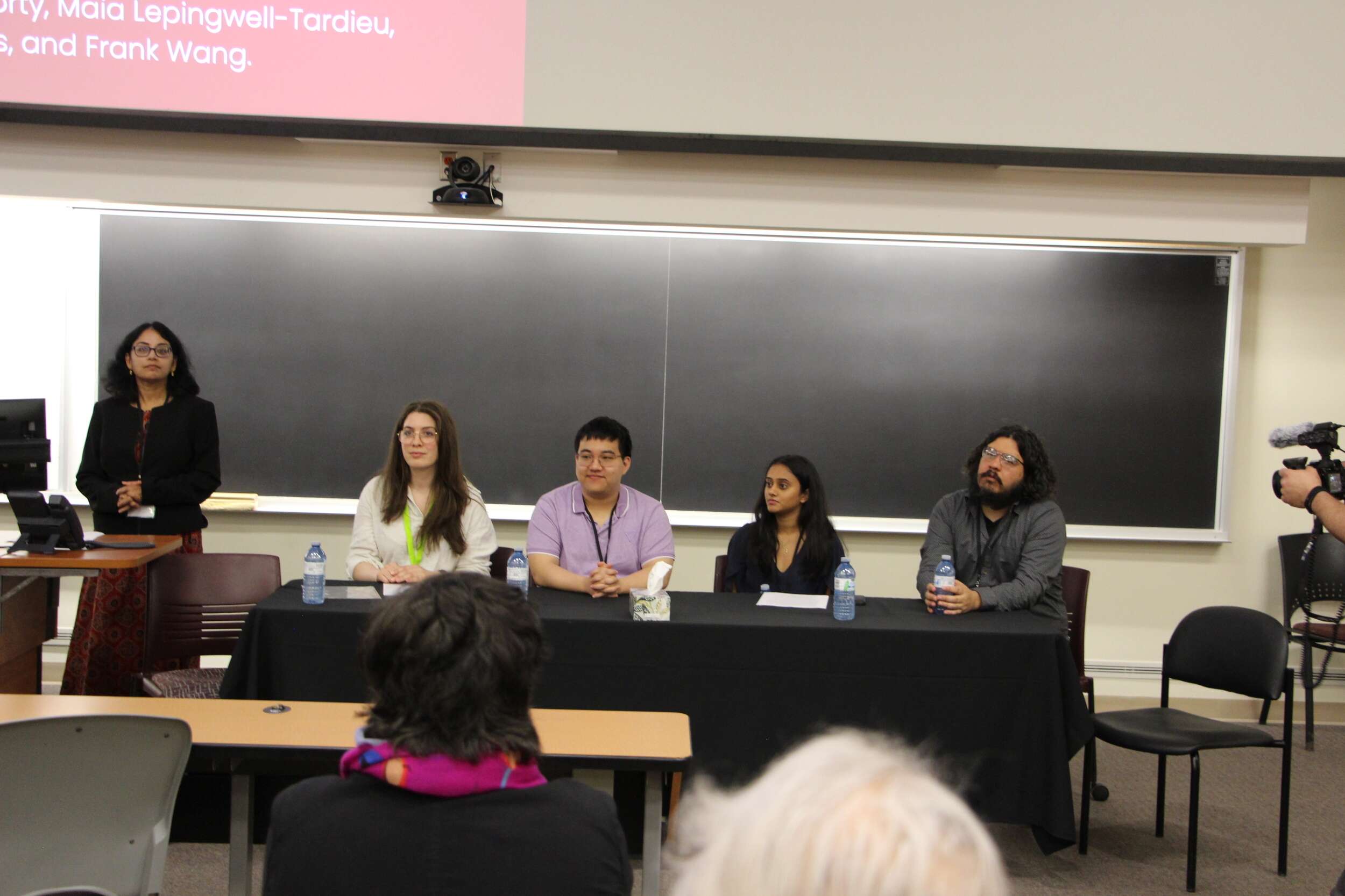 From left to right: Team members Dr. Chandrima Chakraborty, Maia Lepingwell-Tardieu, Frank Wang, Jil Shah, and Dr. Alejandro Franco Briones launch the Air India Flight 182 Archive.