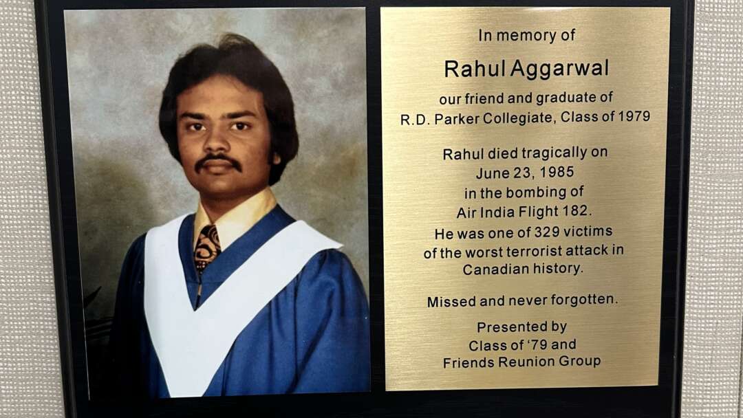Feature image A memorial plaque, commemorated in honour and memory of Rahul Aggarwal, at R.D. Parker Collegiate in Thompson, Manitoba.