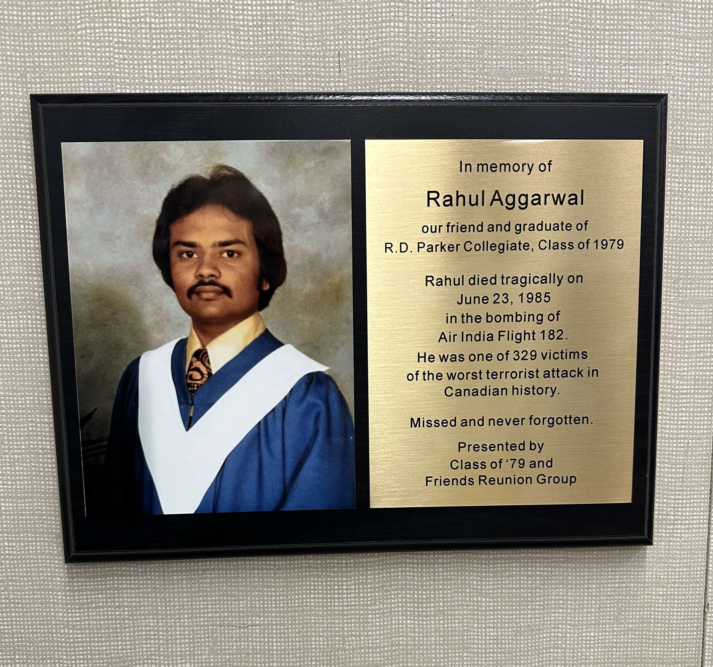 A memorial plaque, commemorated in honour and memory of Rahul Aggarwal, at R.D. Parker Collegiate in Thompson, Manitoba.