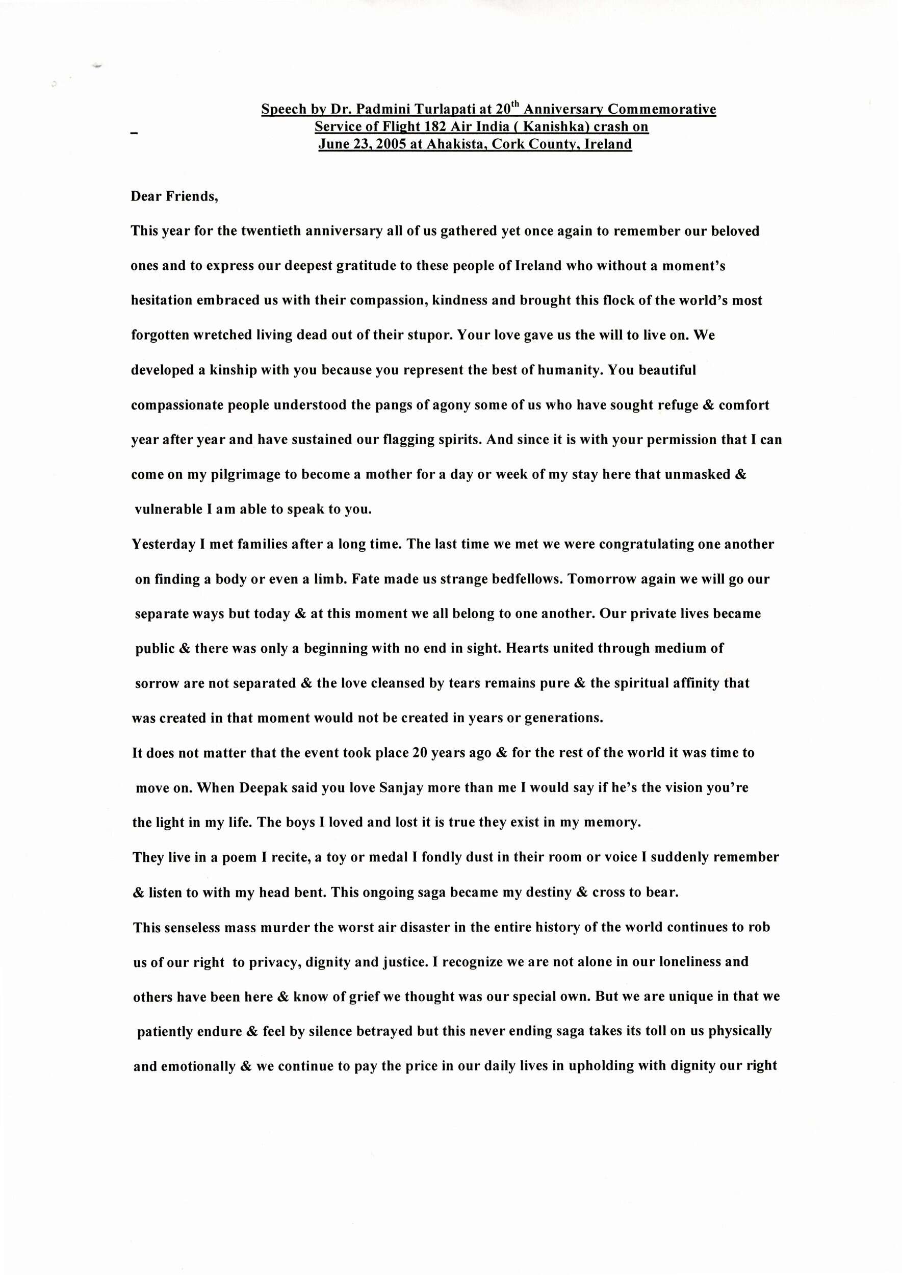 Speech at 20th annual Air India Flight 182 memorial service, Ahakista, Cork, Ireland, June 23, 2005; donated by Dr. Padmini Turlapati