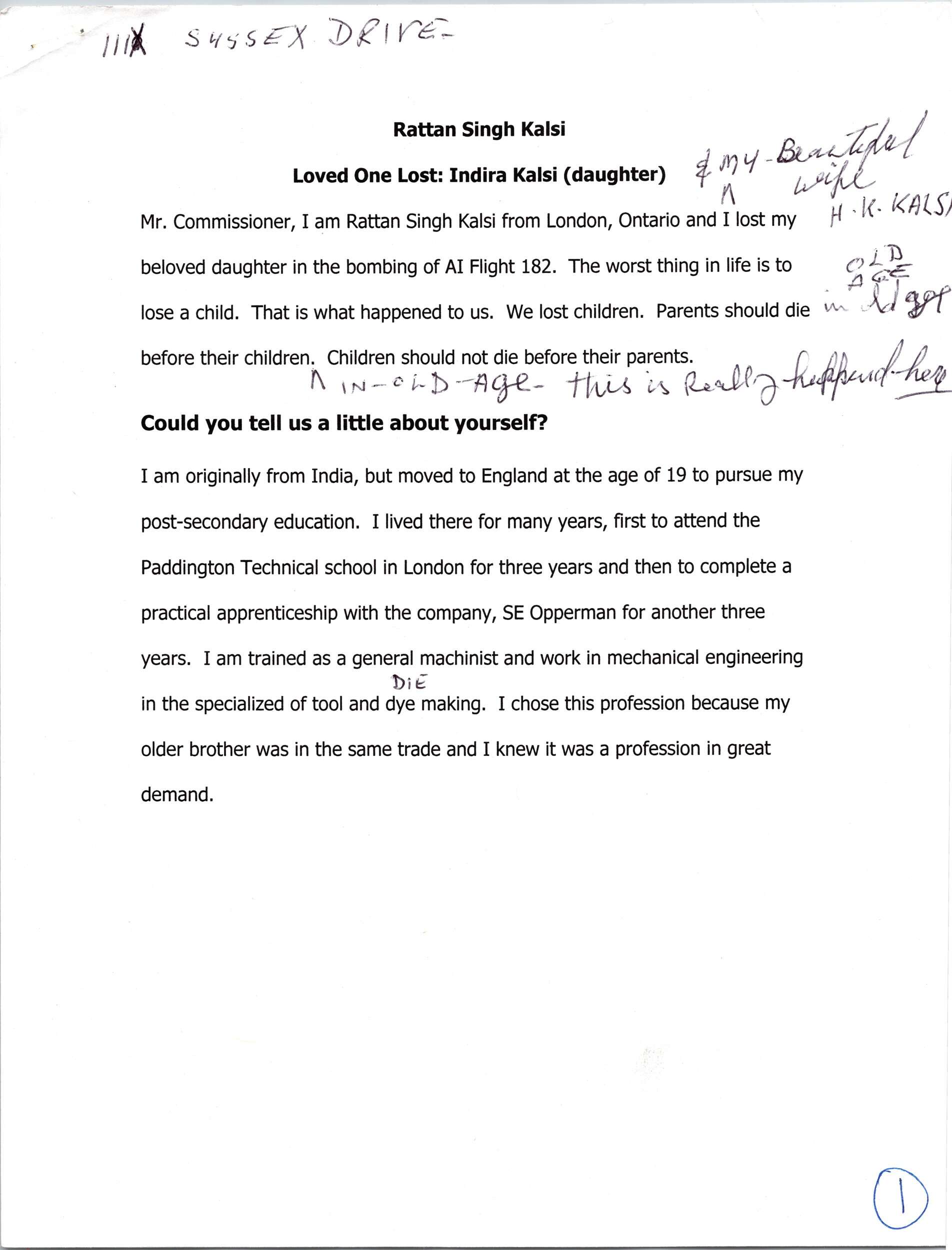 “Loved One Lost: Indira Kalsi (daughter)” personal statement calling for an inquiry into the Air India Flight 182 bombing, n.d.; donated by Rattan Singh Kalsi
