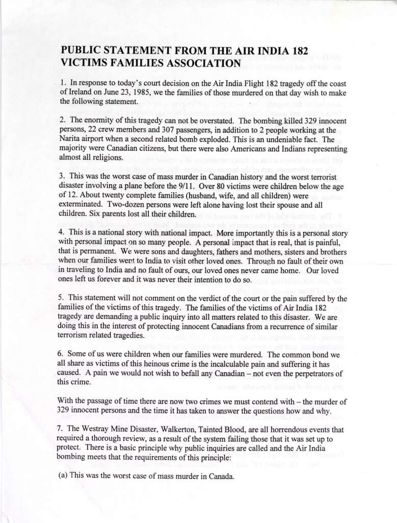 Public Statement from the Air India 182 Victims’ Families Association (AIVFA), n.d.; donated by Dr. Bal Gupta