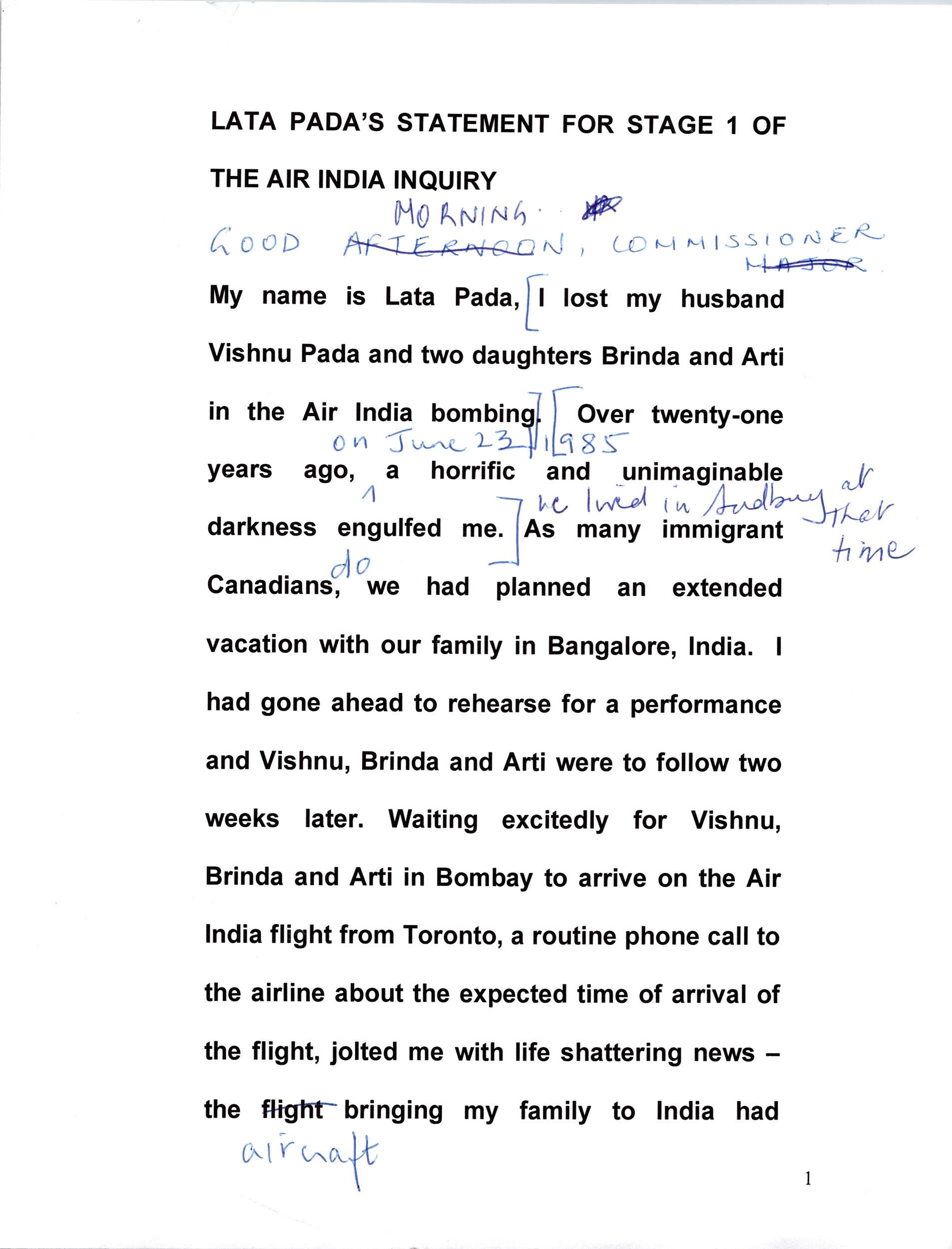 Personal statement for Stage 1 of the Air India Inquiry, addressed to Commissioner, n.d.; donated by Lata Pada