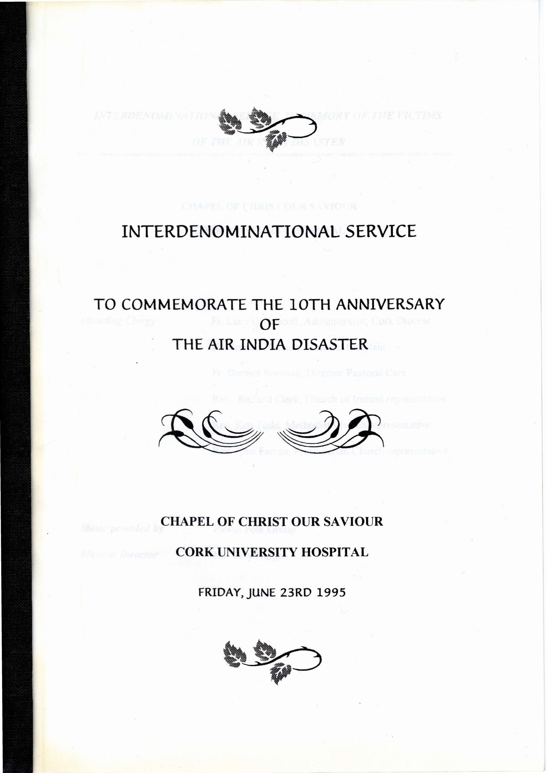 Air India 10th Anniversary Interdenominational Service Brochure, Cork, Ireland, June 23, 1995; donated by Dr. Bal Gupta