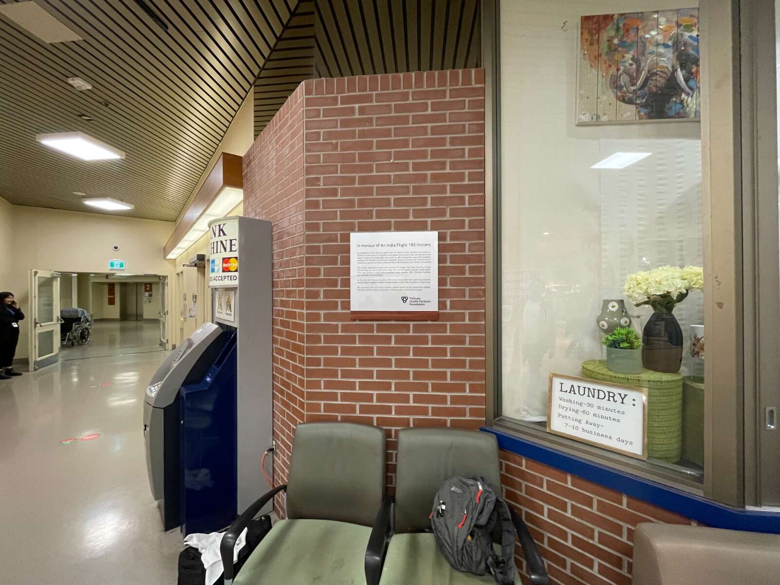 A plaque installed in memory of the Air India Flight 182 victims in the main hallway of Credit Valley Hospital, Mississauga, ON, in 2026, replacing an earlier plaque placed on April 7, 1990; photo by Deepak Khandelwal