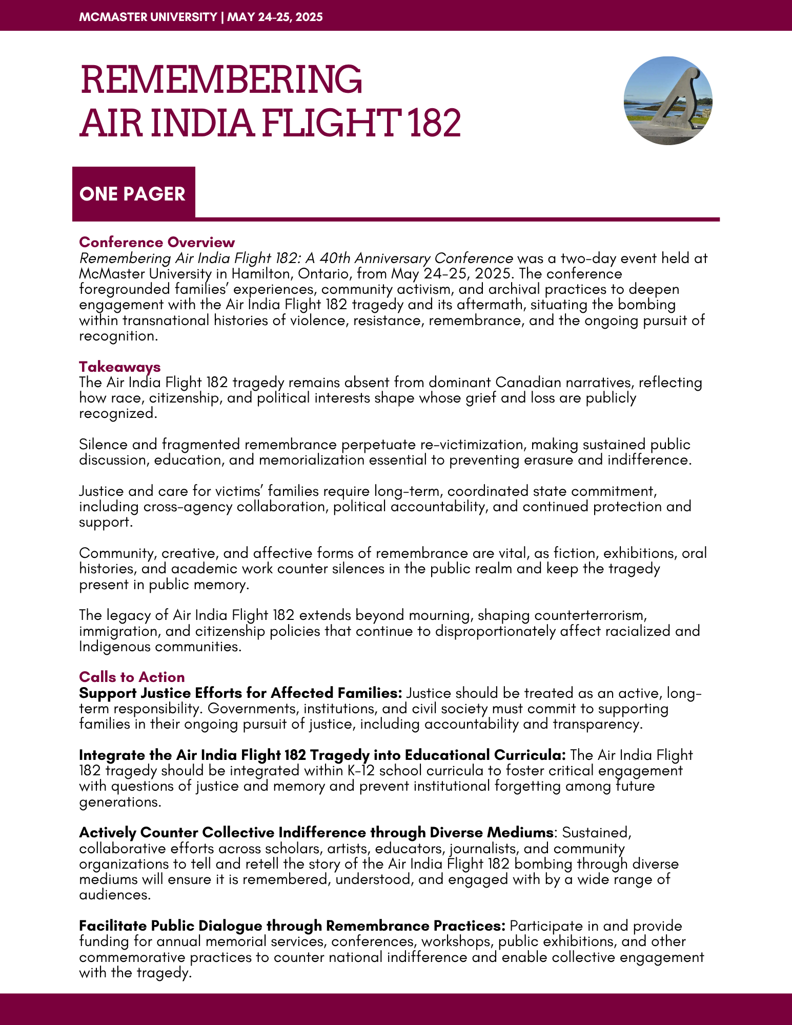 Takeaways and calls to action from Remembering Air India Flight 182: A 40th Anniversary Conference; held at McMaster University, May 24-25, 2025