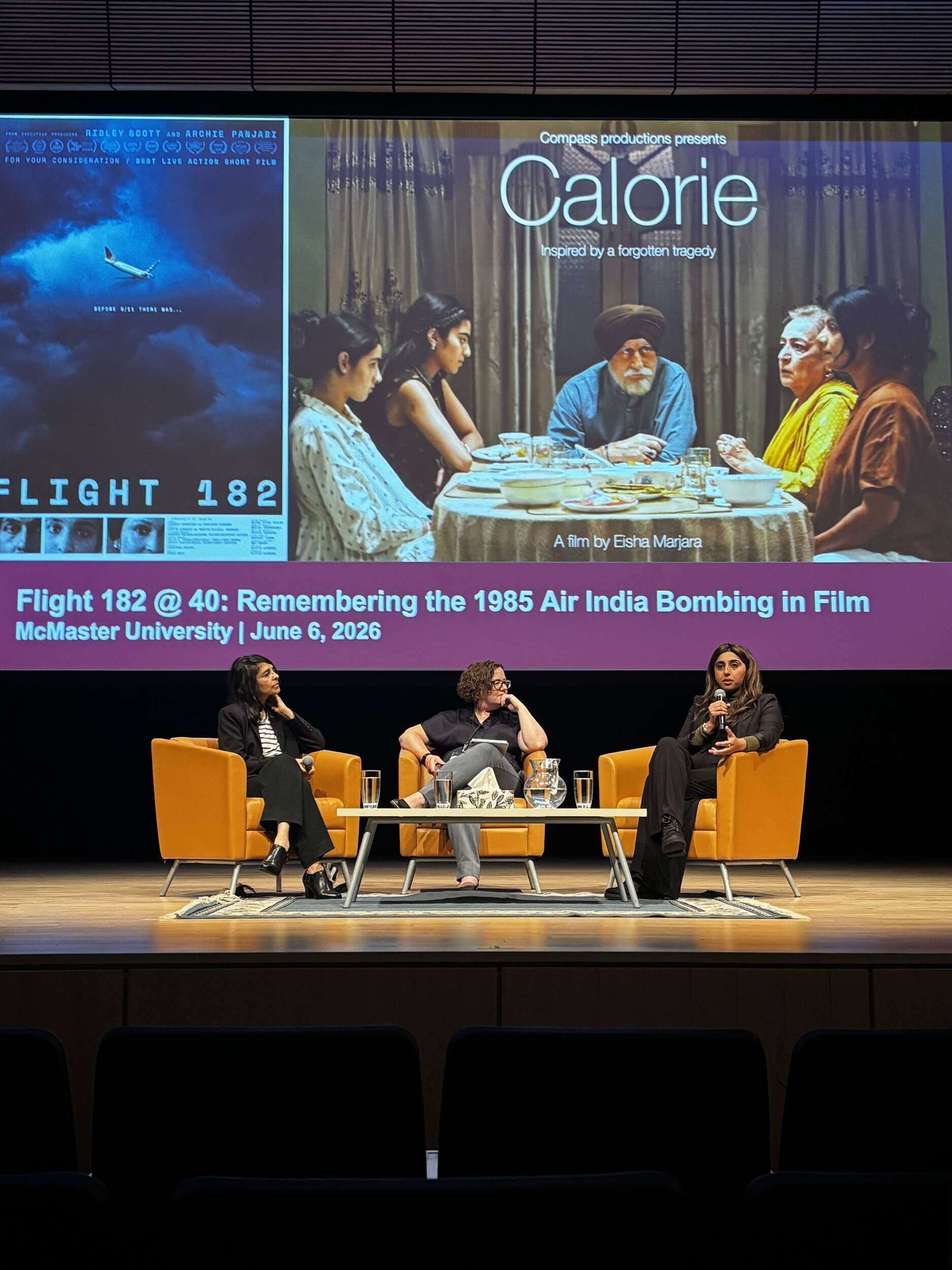 Eisha Marjara, Amber Dean, and Rippin Sindher during Flight 182 @ 40: Remembering the 1985 Air India Bombing in Film, McMaster University; June 6, 2026
