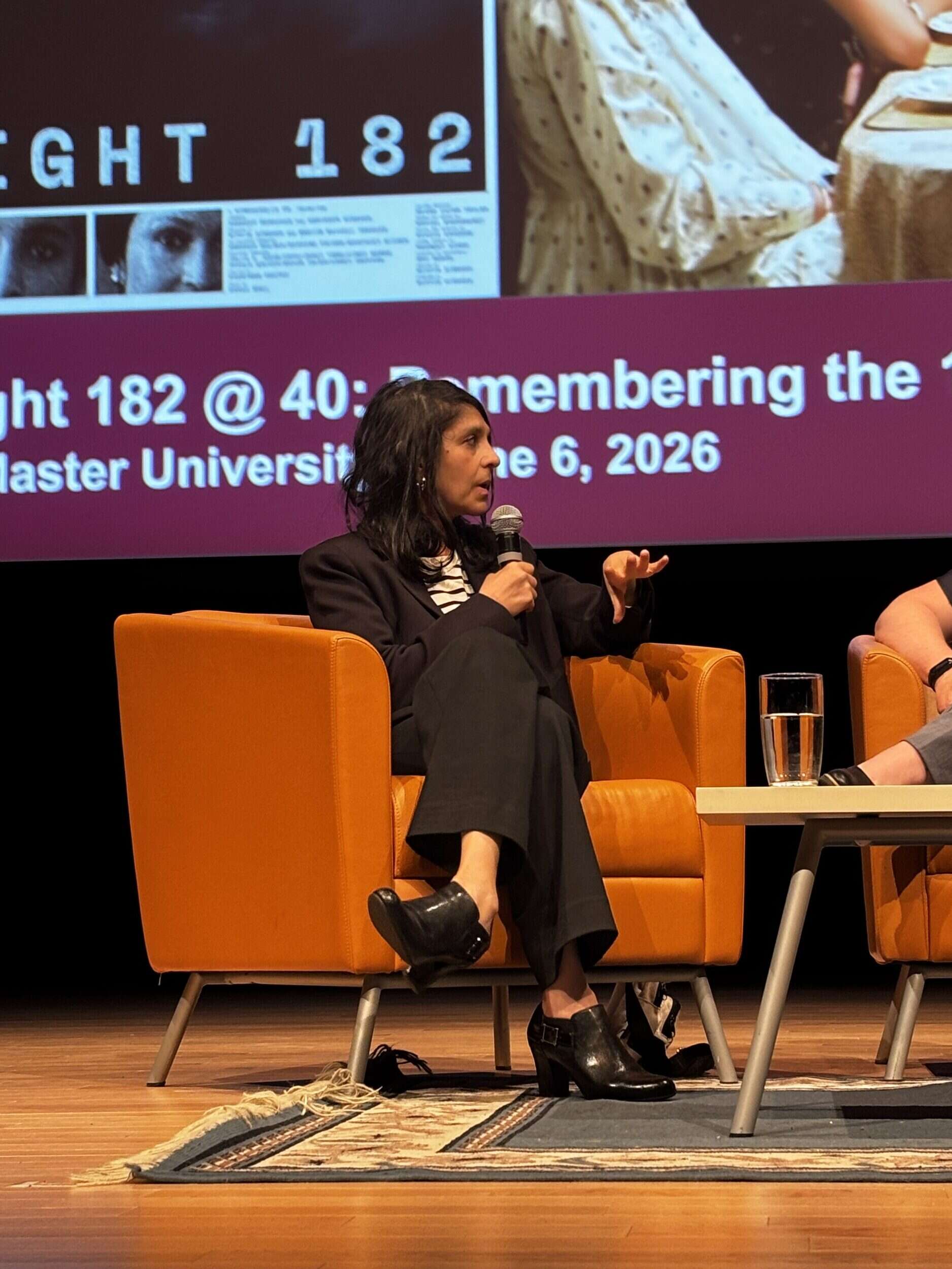 Eisha Marjara speaks during the Filmmaker Q&A; Flight 182 @ 40: Remembering the 1985 Air India Bombings in Film, McMaster University; June 6, 2026